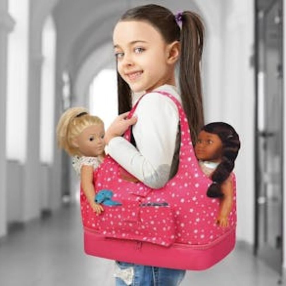Badger Basket On-The-Go Travel Tote and Storage Bag for 18 inch Dolls - Pink Sta